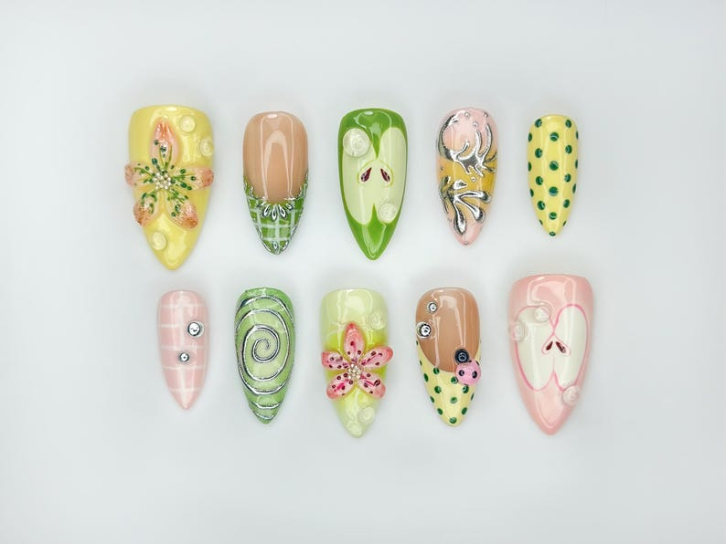 Green Garden Press On Nails | 3D Floral Accents. Ladybug Charms & Whimsical Pastel Nail Art | Handmade Nature-Inspired Nail Set | OB123EC