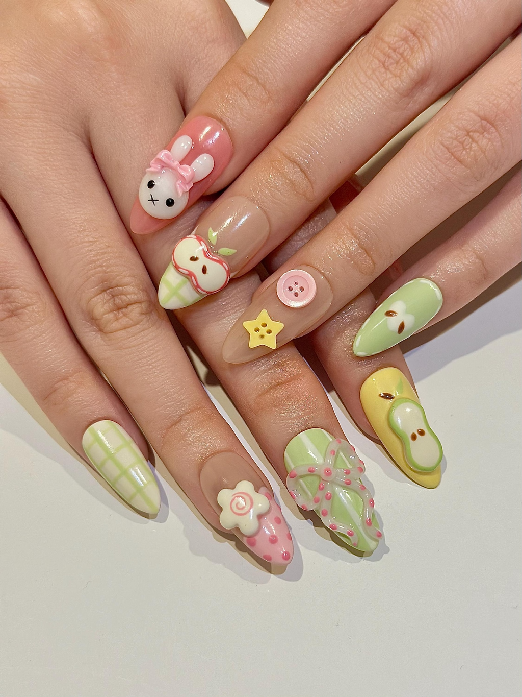 Kawaii Bunny Easter Press On Nails. Pastel Green and Pink Plaid Nails. Colorful Pastel Gingham Fake Nails For Cute Lover. OB1291H