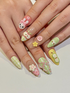 Kawaii Bunny Easter Press On Nails. Pastel Green and Pink Plaid Nails. Colorful Pastel Gingham Fake Nails For Cute Lover. OB1291H