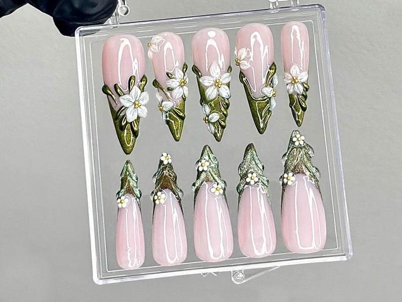 Sculpted Floral Press On Nails | Glossy Green Leaf Nail Art | Ethereal Spring Press Ons | Elegant Flower Tips Fake nails | Luxury | OB944YK