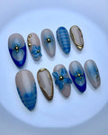 Handmade Blue Floral Elegance Nail Art with Gold Pearl Press on Nails P30