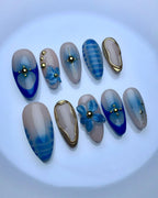 Handmade Blue Floral Elegance Nail Art with Gold Pearl Press on Nails P30