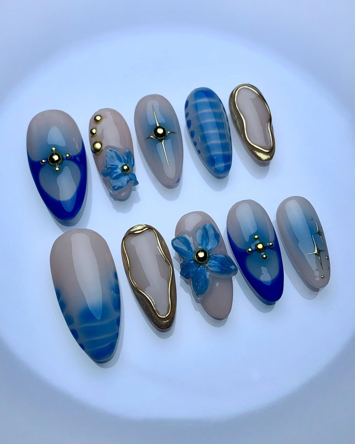 Handmade Blue Floral Elegance Nail Art with Gold Pearl Press on Nails P30