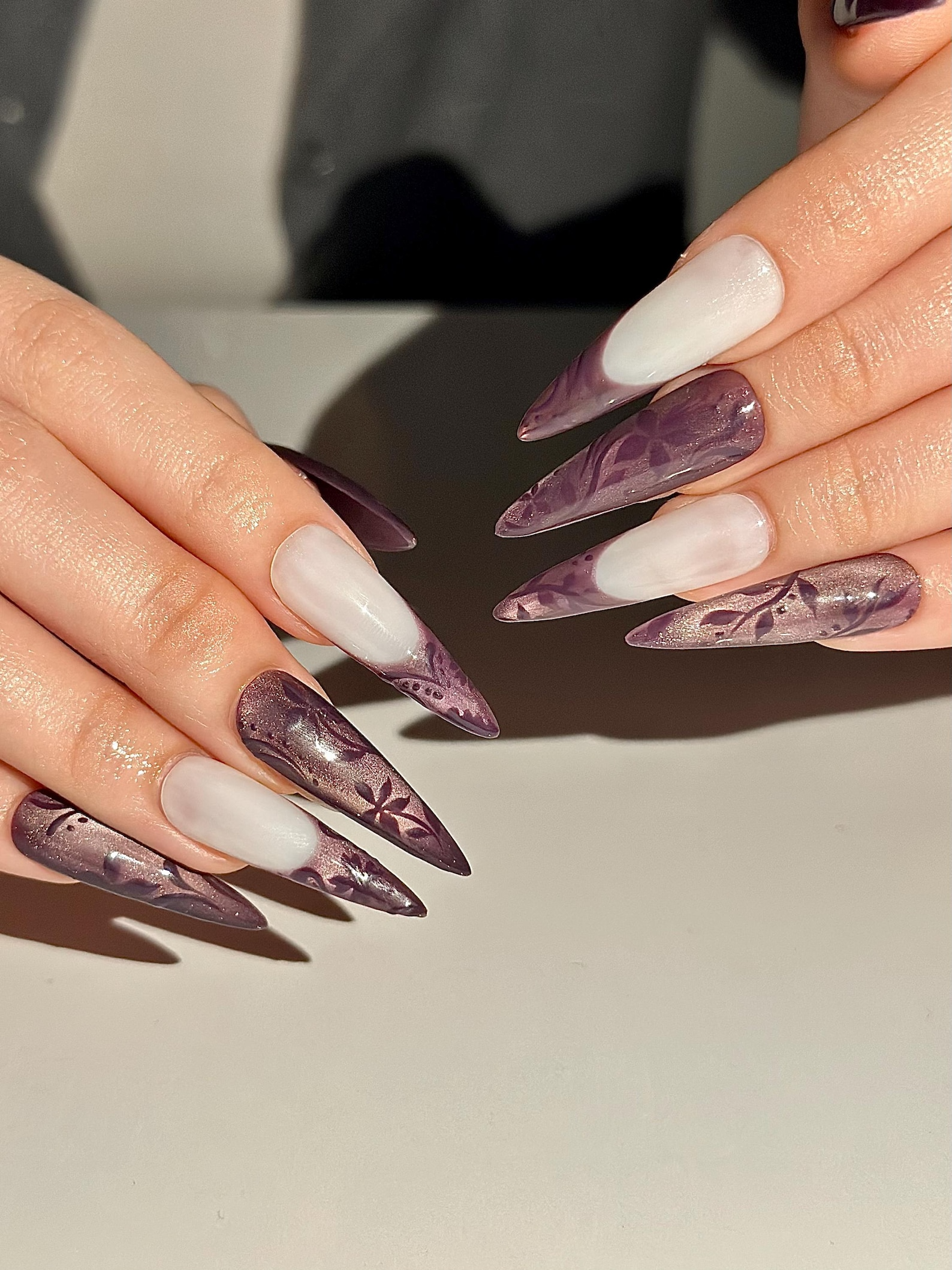 Dark Purple Cat Eye Press On Nails. Mystic Floral French Tip Nails. Ethereal Smoky Velvet Nails. Gothic Luxury Stiletto Fake Nails. OC1292HK