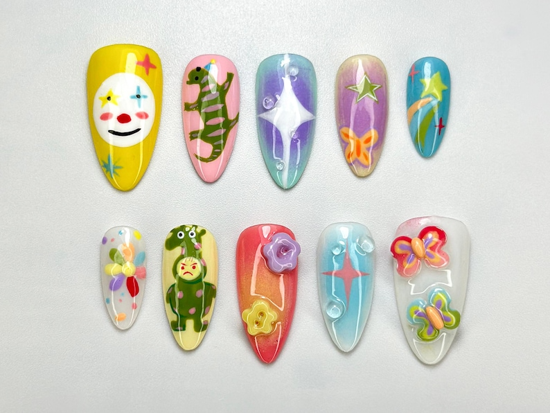 Whimsical Clown Press-On Nails | Hand-Painted Fantasy Nail Art | Bold & Bright Nail Set | Circus Clown Nails | Funky Festival Nail | OC697HK