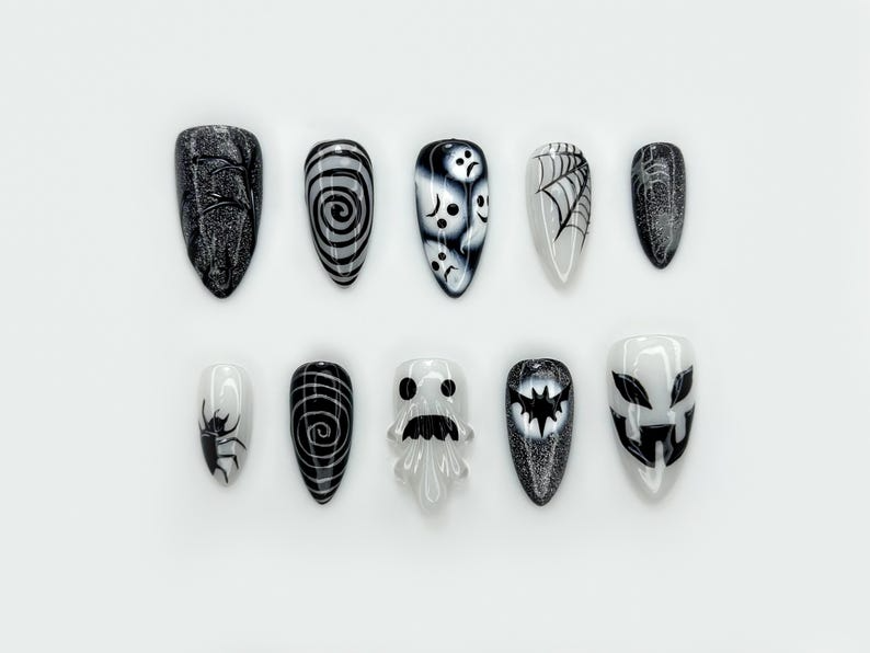 Press on nails for halloween| Black White Gothic Halloween Nails | 3D Ghost & Spider Design | Spooky Night Nail Art | OB197EC