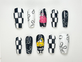 Punk Pop Cartoon Press On Nails | Black & White Checkerboard Nail Art | Handmade Funky Press Ons | Retro Pop Culture Nail Set | OB128HK