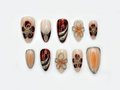 Autumn Tortoiseshell Blossom Press On Nails | Brown Nude Gradient Nail Art | 3D Floral & Metallic Accents | Elegant Long Nail Set | OB178EC