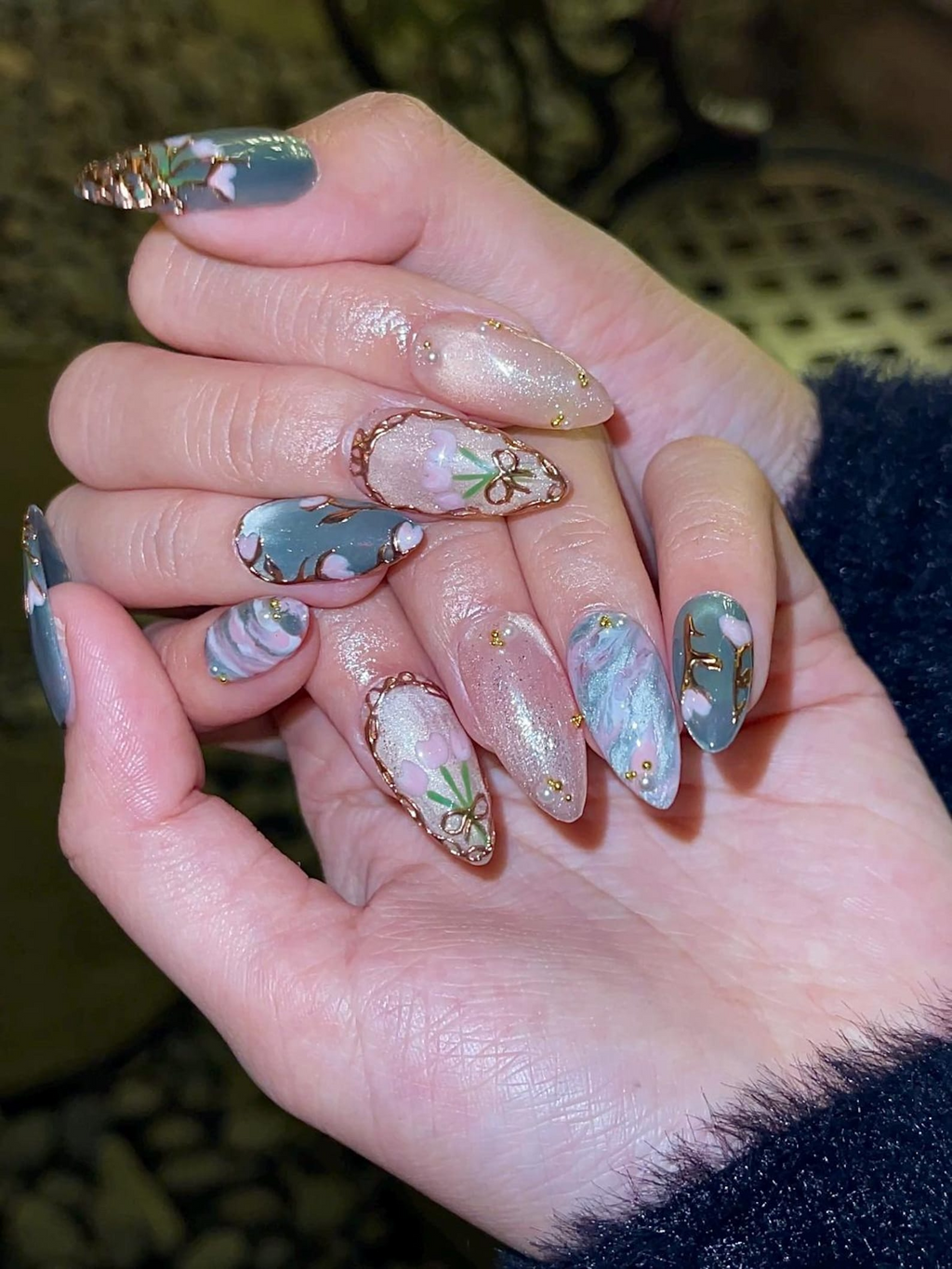 Custom Floral Coquette Nails. Soft Jade and Pearl Shimmer Press Ons. Hand-Painted Tulip Design. Romantic Aesthetic Reusable Nails. OB1285HK
