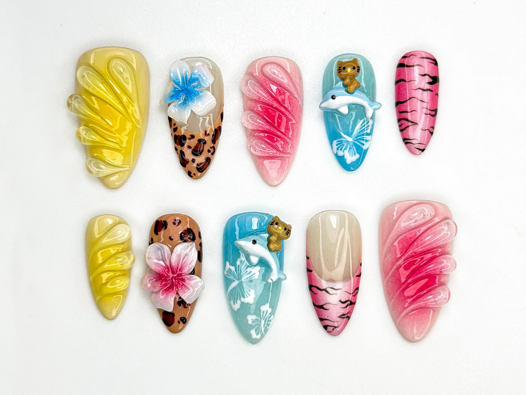 Hello Kitty Safari Press On Nails | Tropical Dolphin. Leopard Print Nails | 3D Kitty & Floral Summer Nails | Y2K Cute Vacation Nail | OB813H
