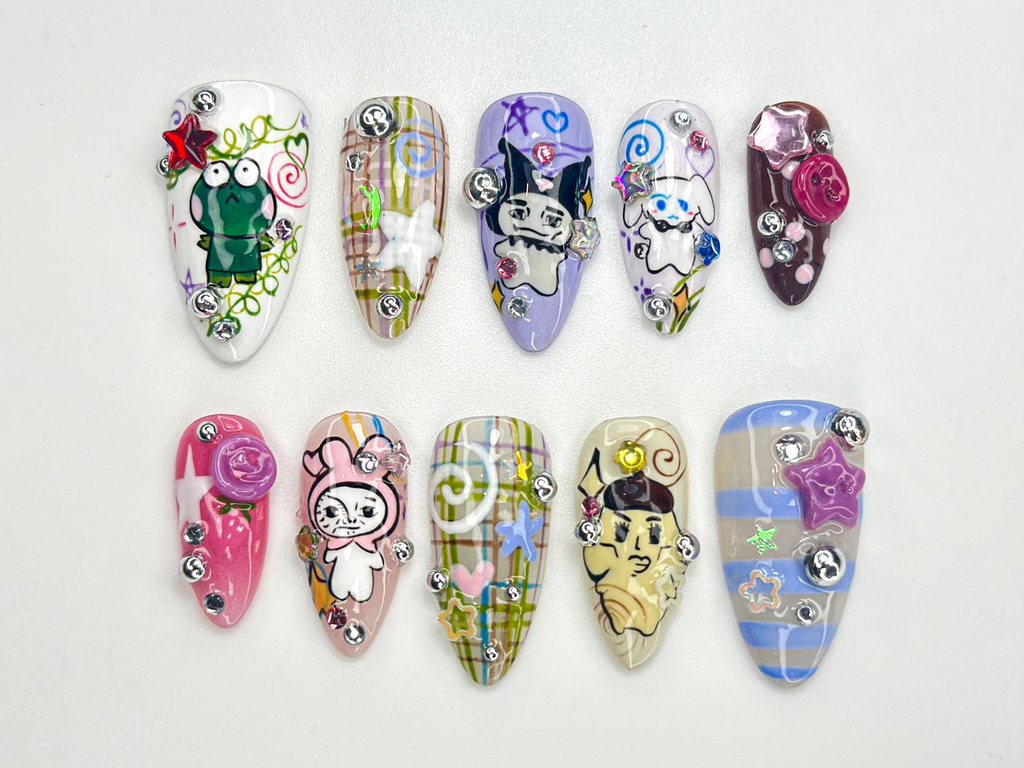 Whimsical Cartoon Pop Press On Nails | Playful Character Nails | Colorful 3D Kawaii Nail Design | Playful Mixed Media Nails | OB779HC