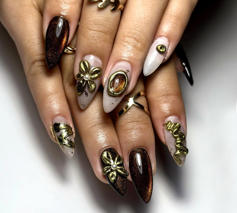 Golden Eclipse Glam Press On Nails | Metallic Brown Cat-Eye Gradient | 3D Gold Floral & Gem Accents | Luxury Handmade Nail Art | OB148EC