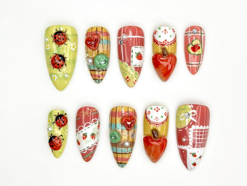 Ladybug. Strawberry Press On Nails | Vintage Strawberry Nail Art |3D Fruit & Plaid Design Nails |Summer Fruit Press Ons |Cute Nails |OB835YK