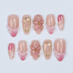 Blush Bloom Elegance Press On Nails with 3D Floral Accents| Gold Details & Pink Ombre| Suitable for Wedding| Events or Gift for Her OC828LK