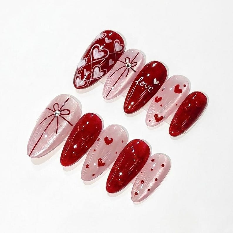Valentine's Day Heart Press On Nails | Red & Pink Romantic Nail Set | Handmade Gift for Girlfriend | Elegant Stiletto Fake Nails | HC999GC