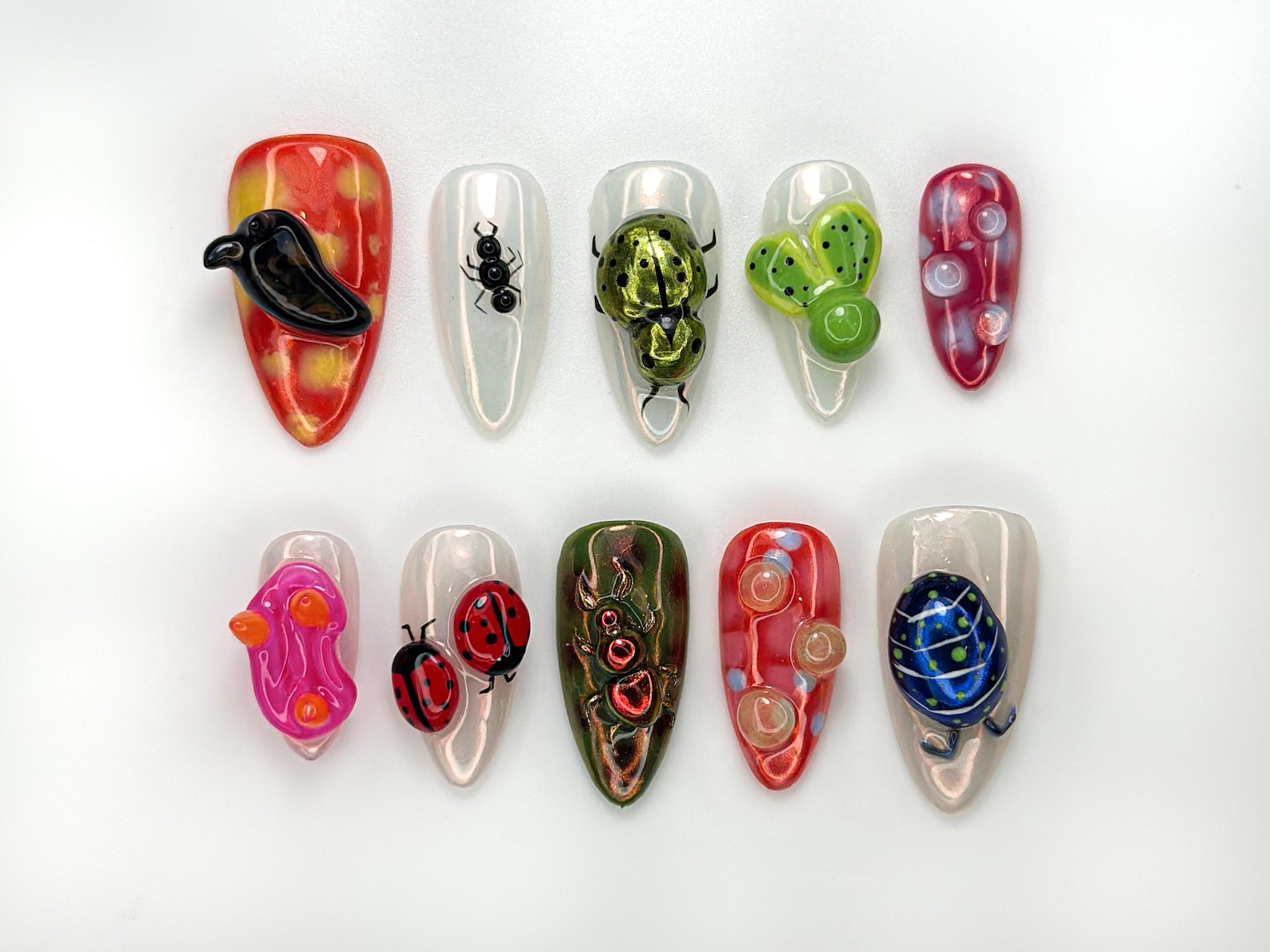 Creepy Cute Insect Press On Nails | 3D Bug Nail Art | Halloween Spider Ladybug Beetle Nails | Funky Mixed Bug Design| Bold Nail Set |OB970HK