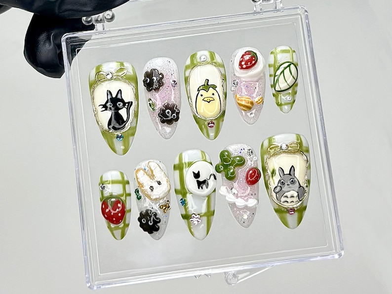 My Neighbor Totoro Press On Nails | Kawaii Ghibli Fake Nails | Totoro. Jiji. Soot Sprites Nail Art | Trendy Cartoon Kawaii Nails | OB909YC