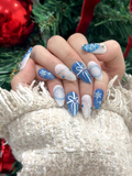 Frosty Blue Winter Gift Press On Nails For Christmas | Snowflake Glitter Christmas Nails | Blue White Holiday Set | 3D Icy Tree Accent | OC930EC