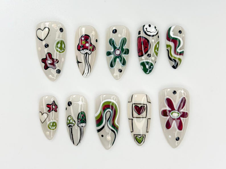 Y2K Hippie Mushroom Press On Nails | Retro Swirl Heart Flower Tips | 3D Groovy Psychedelic Nail Art | Peace Sign Pop Art Nails | OB825H