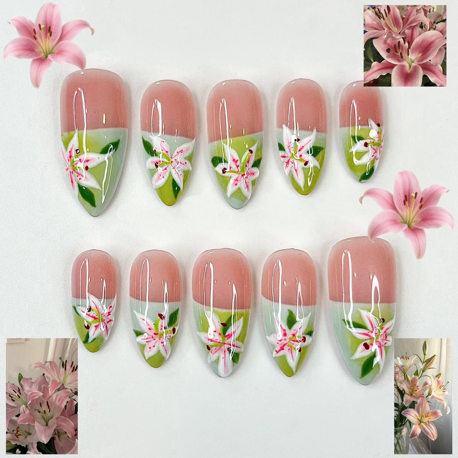 Soft Lily Floral Press On Nails for Spring | Pink Green Flower Nails | Lilies Nail Art | Botanical Press Ons | Romantic Spring Nail| OB294HC