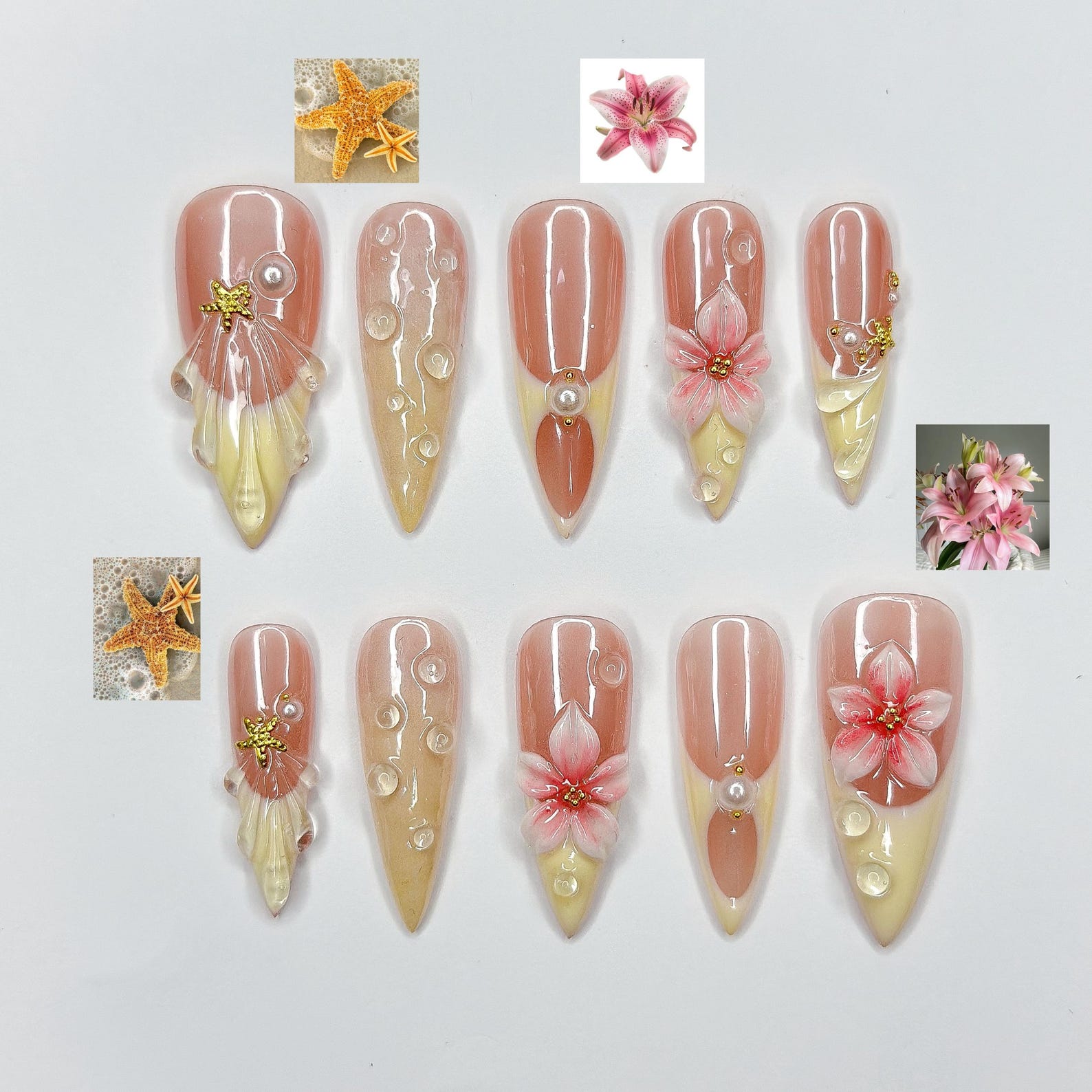 3D Pink Lily & Lemon French Nails | Summer Ocean Shell Press Ons | Luxury Tropical Botanical Stiletto Art | OB373IC
