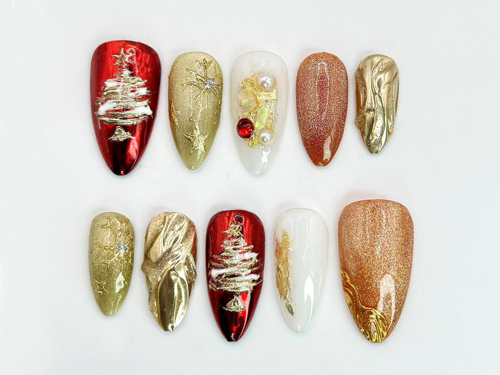 Christmas Tree Press On Nails | Red & Gold Holiday Nail Art with 3D Details | Christmas Tree. Pearl Accents | Holiday Nail Set| OC536HC