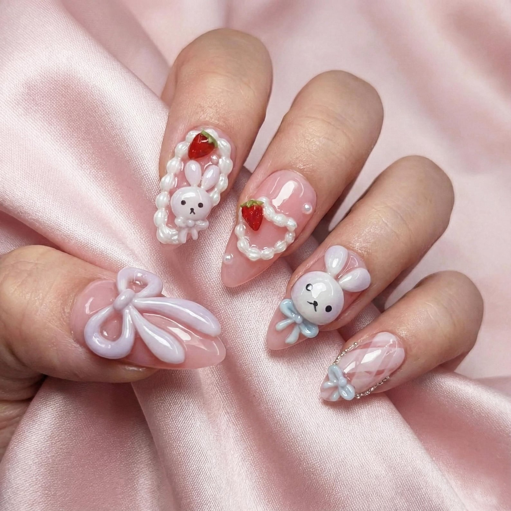 Soft Pink Bunny Press On Nails | Kawaii Nail Art with Bows | Handmade Pastel Nails | Sweet Gift for Her | OB1112GC