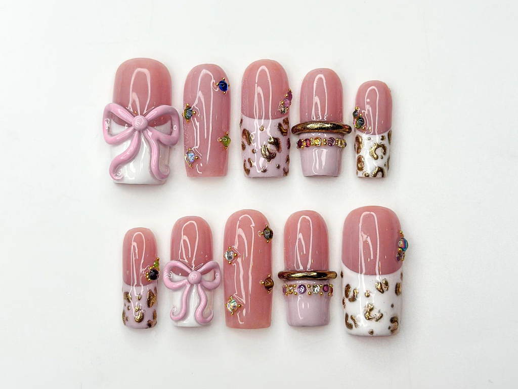 Blush Pink Leopard Press On Nails for Luxury Nail Lovers | Nude Pink Nails with 3D Bow Accent| Leopard French Tips with Gold Detail| JB288HC