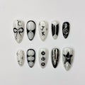 JungKook Inspired Black & White Nails | Kpop JK Solo Era Press Ons | Y2K Star and Bow Nails | Musical Note Gothic Press Ons | OC364IK
