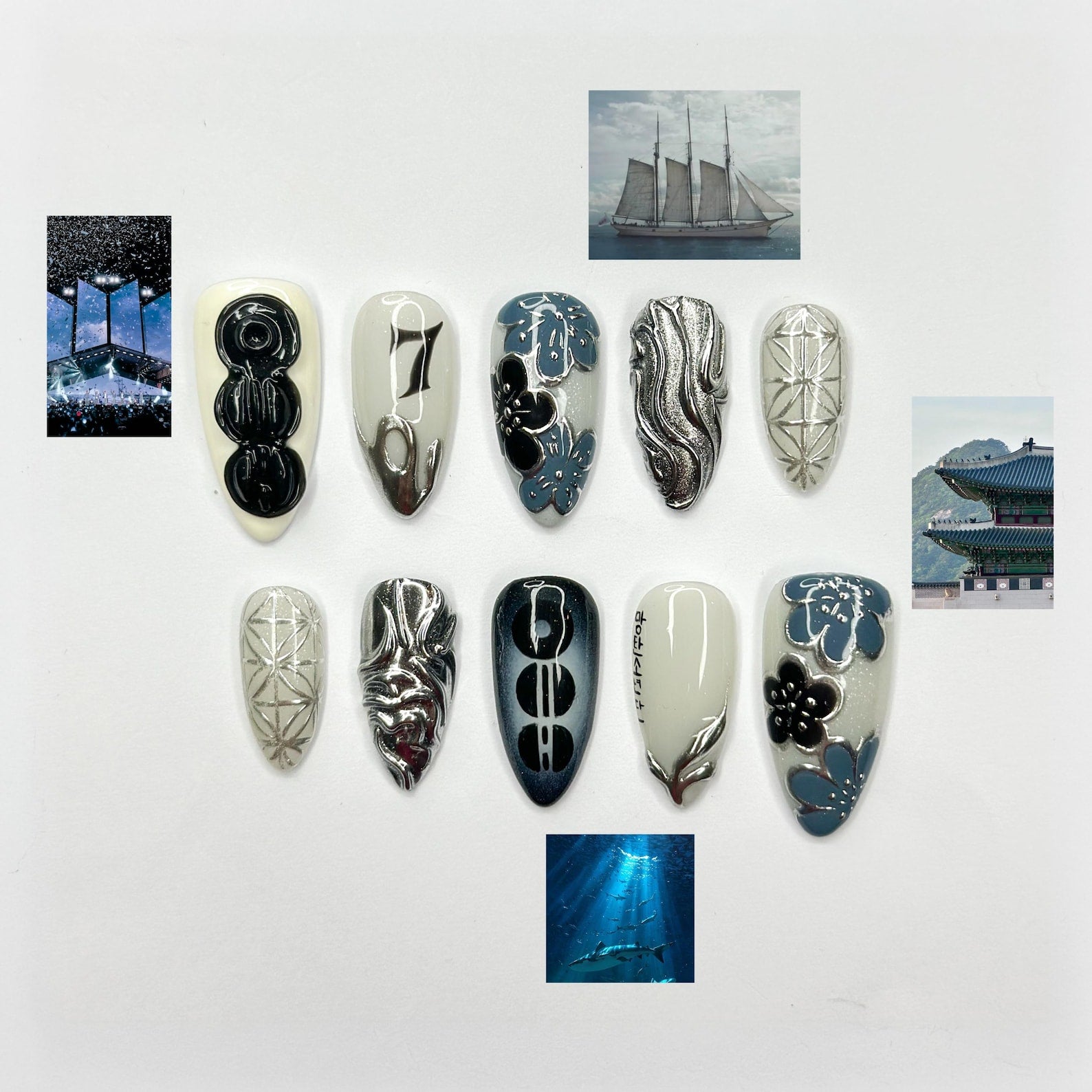 Kpop Inspired Indigo Voyage Nails | 7 Spirit Arirang Silver Shark Nails | Ocean Muse 3D Chrome Nails | Handmade Nails | OC357IC