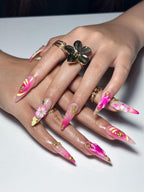 3D Starfish Hibiscus Press On Nails | Neon Pink Yellow Ombre Tropical Summer Fingernails | OB1329IK