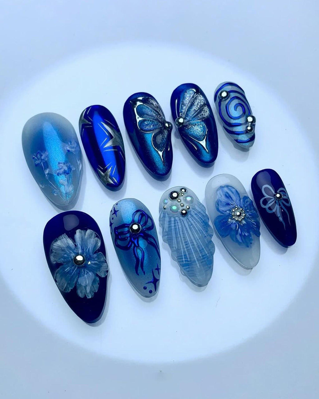 Handmade Blue Butterfly Floral Nail Art with Pearl Bow Accent Press on Nails P83