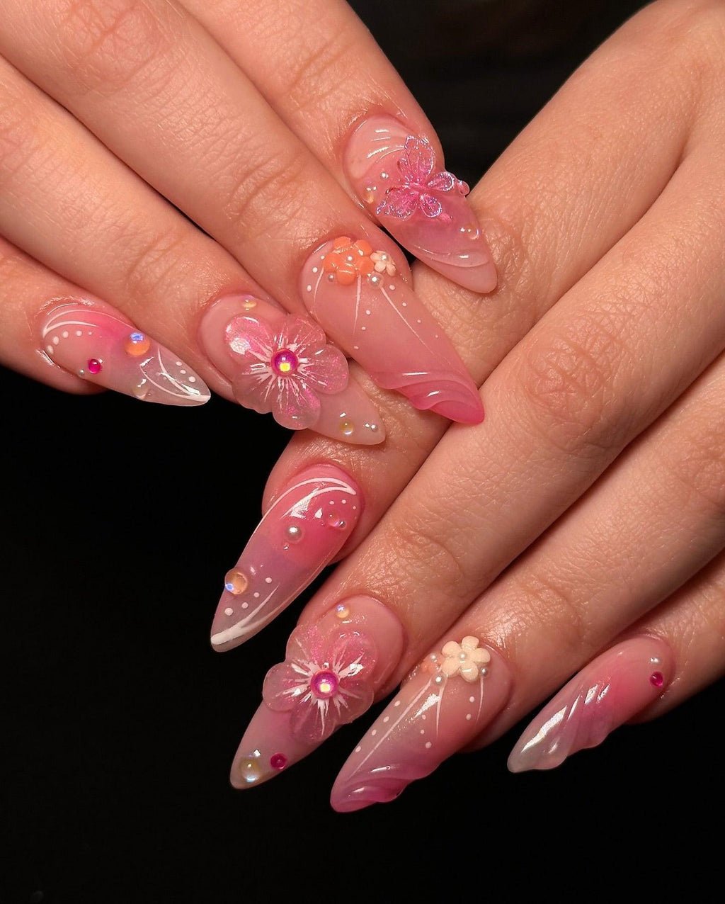 Handmade 3D Pink Fairy Garden Nails – Butterfly. Flower & Pearl Press-On Set E58