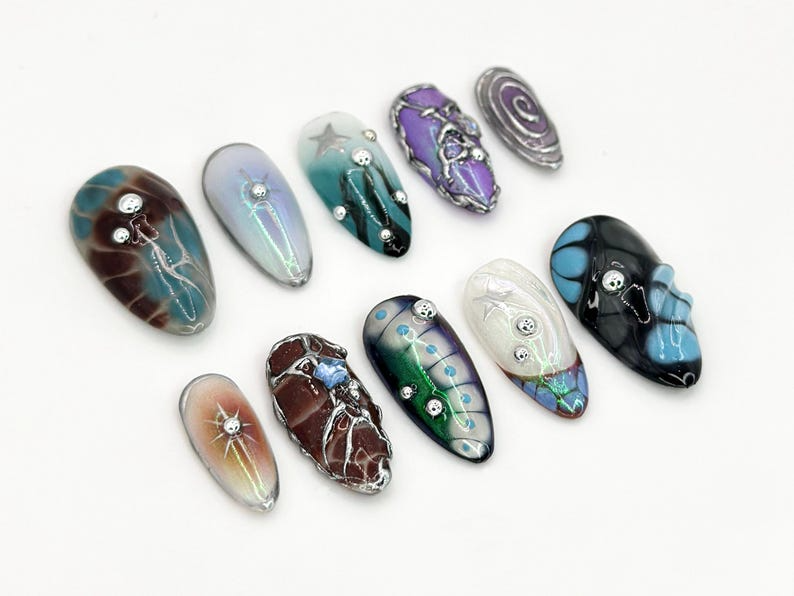 Galaxy-Inspired 3D Press-On Nails | Custom Holographic Nail Art | Stars. Planets & Galaxies Design | Celestial Nail Set | OB656H