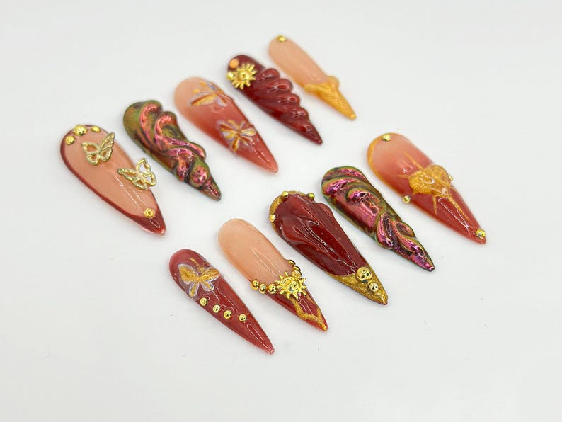 Glamorous Burgundy Press On Nails | Gothic Floral. Butterfly Design | Burgundy & Gold Accents | | Elegant Gold Design | Trendy Nail | OB679H