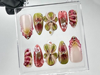 Artistic Floral Press On Nails | Green Floral. Pink Rose Nail Design | 3D Flower & Gradient Fake Nails | Spring Blossom Nails | OB697YC
