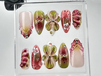 Artistic Floral Press On Nails | Green Floral. Pink Rose Nail Design | 3D Flower & Gradient Fake Nails | Spring Blossom Nails | OB697YC