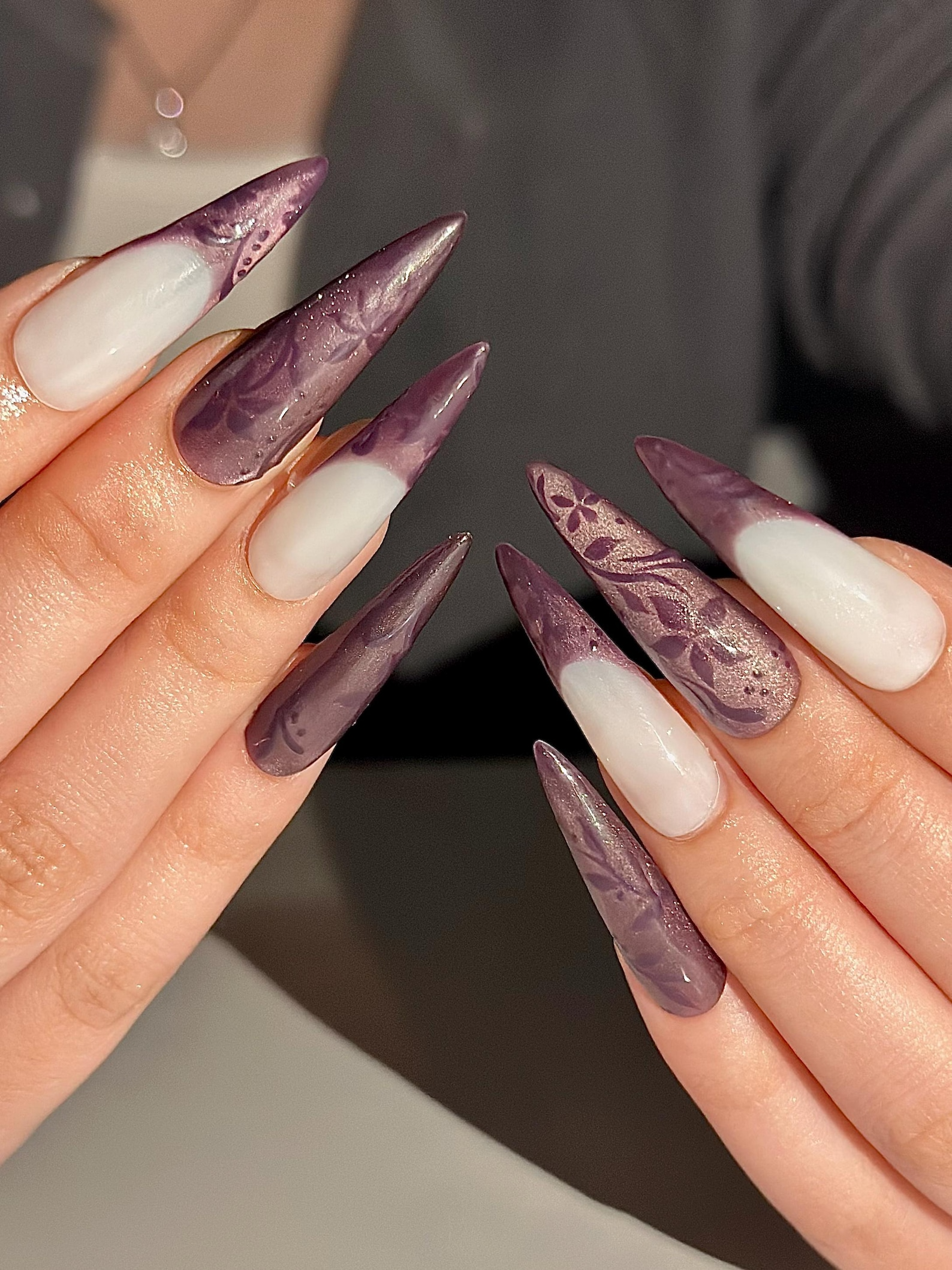 Dark Purple Cat Eye Press On Nails. Mystic Floral French Tip Nails. Ethereal Smoky Velvet Nails. Gothic Luxury Stiletto Fake Nails. OC1292HK