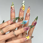 3D Tropical Flower Fairy Press On Nails | Colorful Floral & Green Vine Art | Whimsical Stiletto Design | Summer Festival Wedding | OB90DG