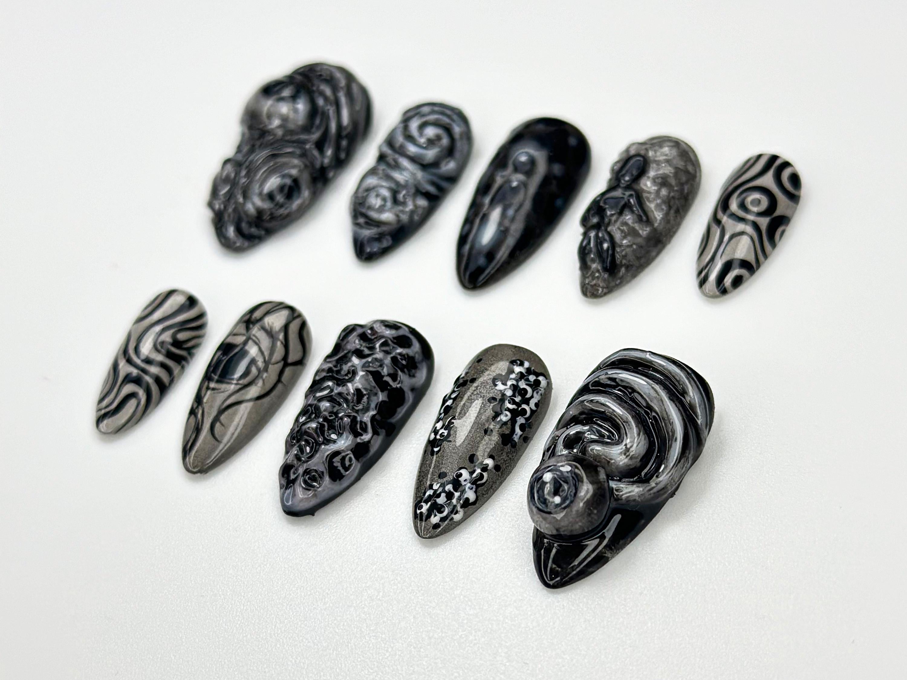Abstract Black Chrome Swirl 3D Press On Nails