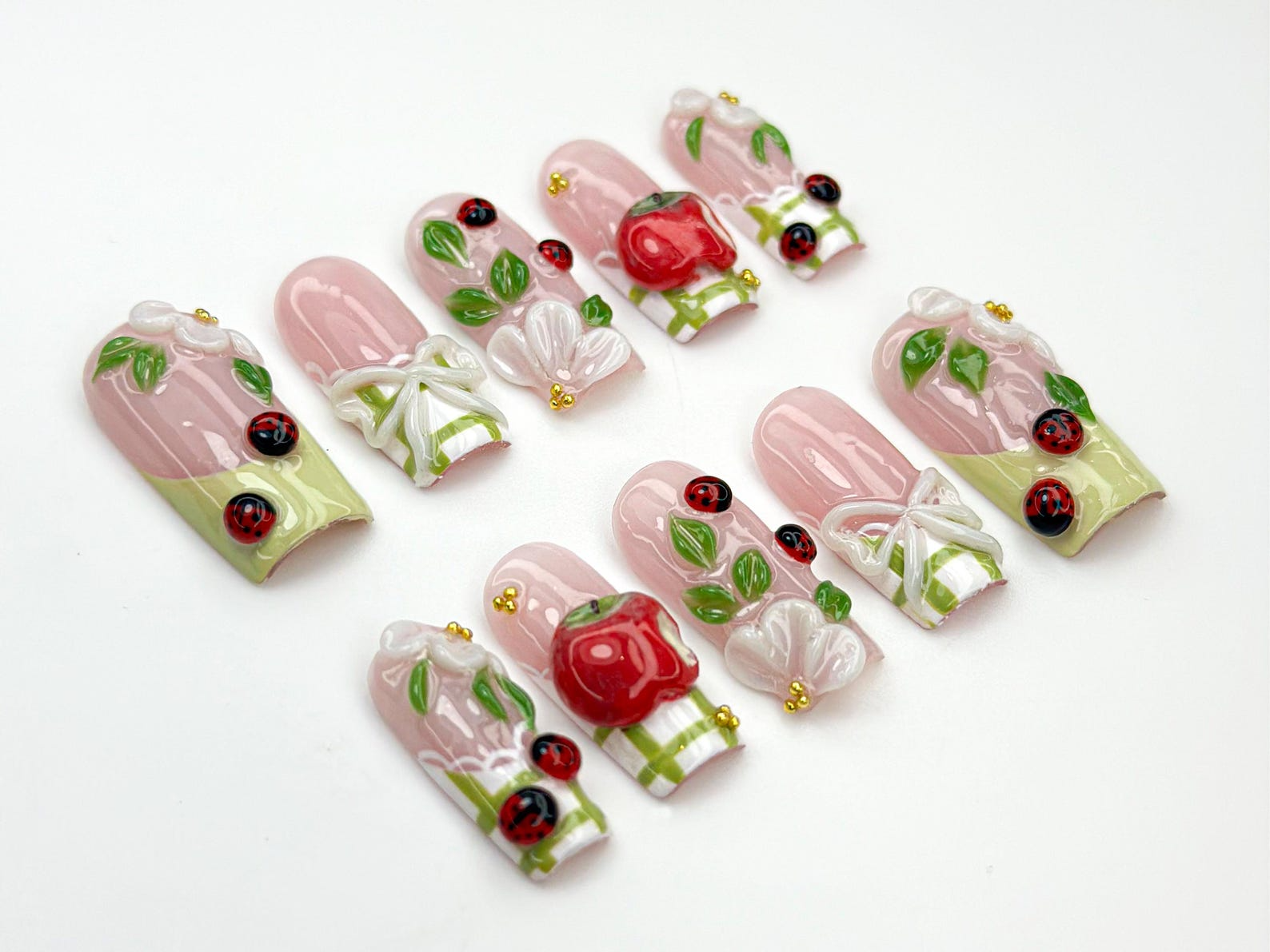Handmade Picnic Theme Press On Nails | 3D Flower & Ladybug Nails | Cottagecore Nail Set | Pink Green Nature Nails | Handmade Nails | OB859H