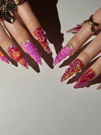 Midnight Sun Aesthetic Press On Nails. 3D Purple Seashell and Hibiscus Floral Nails. Maximalist Tropical Y2K Luxury Fake Nails. OB1287HK