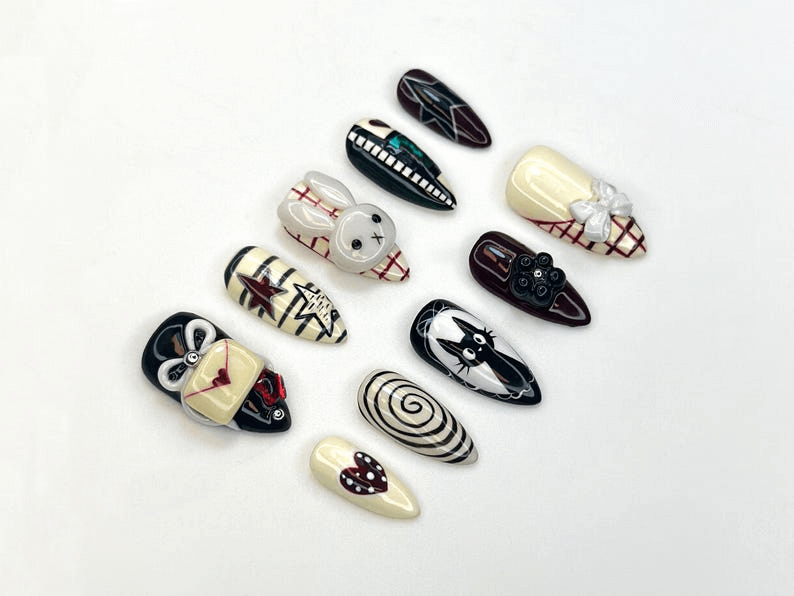 Creepy Cute Press On Nails | Gothic Mask And Bunny Nail Art | 3D Bow & Spiral Nails | Handmade Halloween Nail Set | OC1157BC