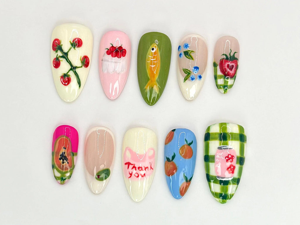Fruit Garden Custom Press On Nails | Hand-Painted Watermelon. Strawberry & Citrus Nail Art | Vegan-Friendly Nail Designs | OB525HC