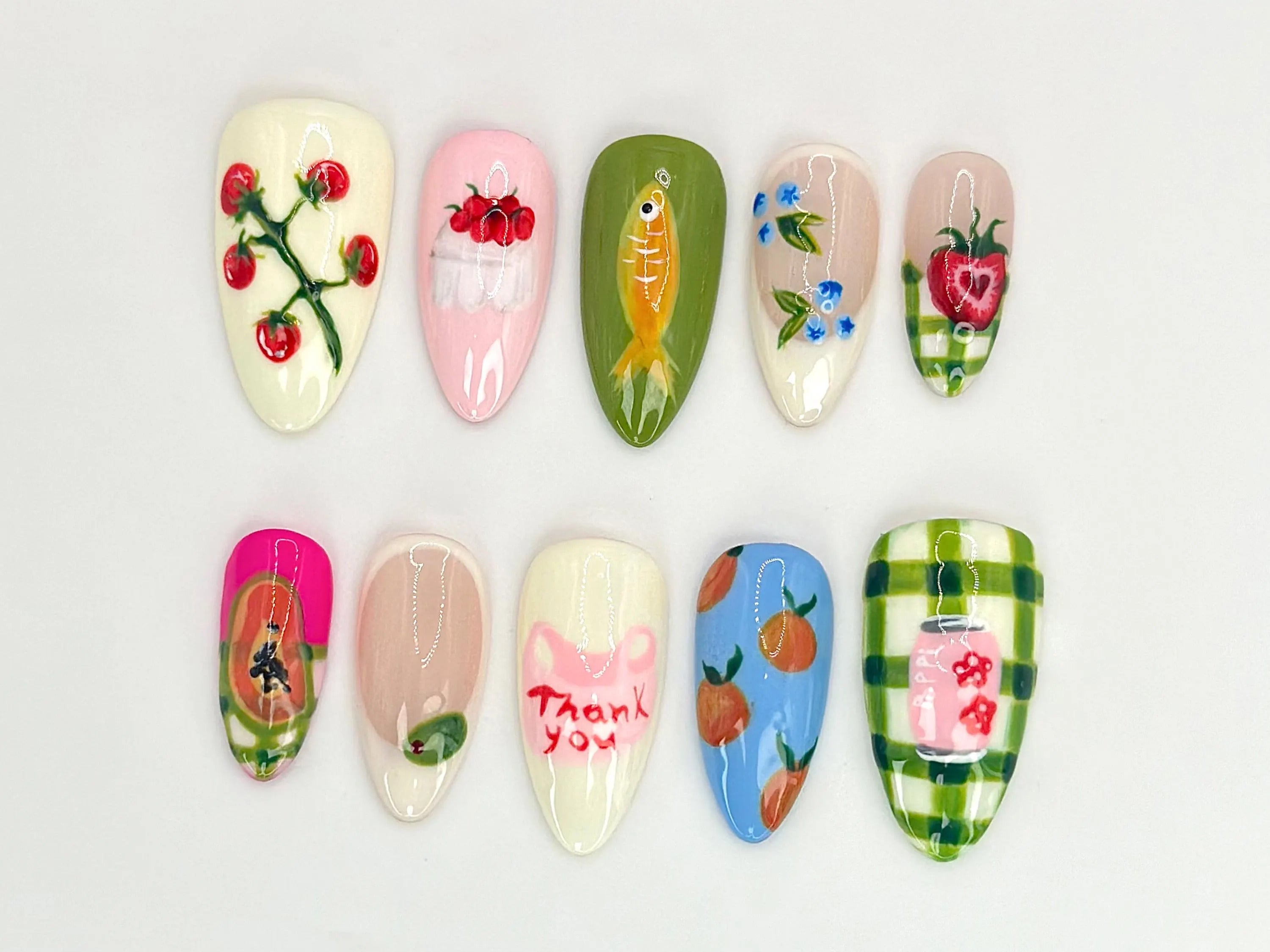 Fruit Garden Custom Press On Nails | Hand-Painted Watermelon. Strawberry & Citrus Nail Art | Vegan-Friendly Nail Designs | OB525HC
