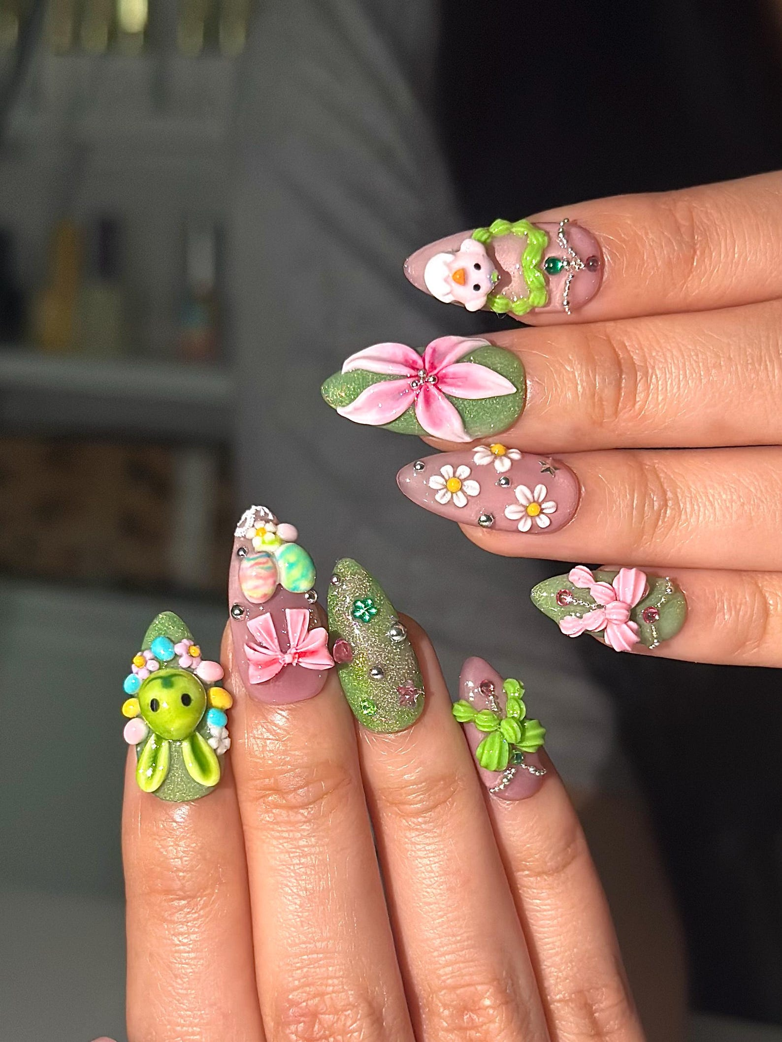 Bunny Garden Press On Nails | 3D Easter Rabbit Nails | Cute Pastel Floral Nails | Kawaii Green Pink Nails | Handmade Press Ons | OB1031HC
