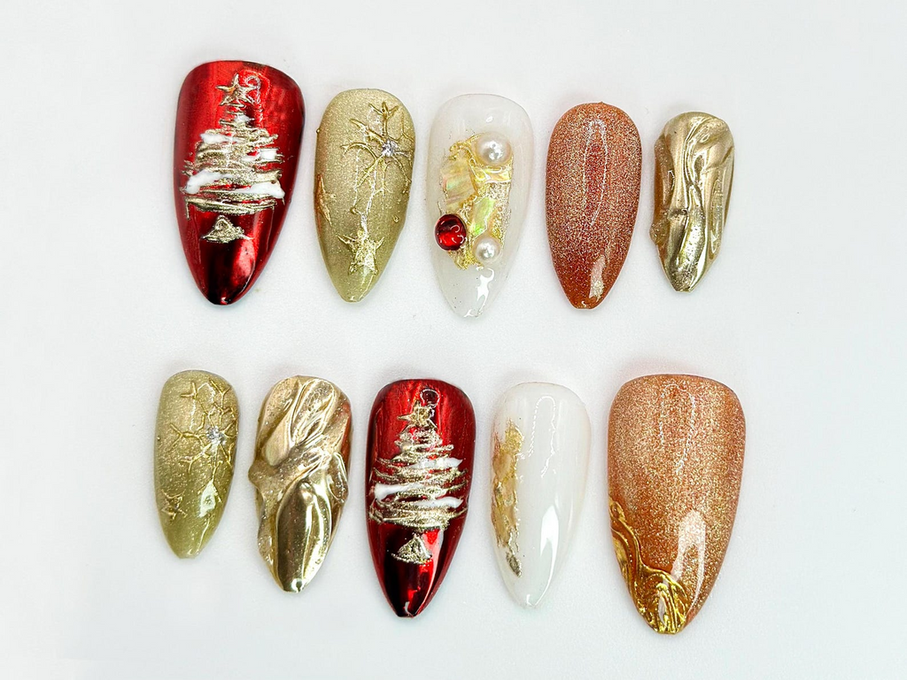 Christmas Tree Press On Nails | Red & Gold Holiday Nail Art with 3D Details | Christmas Tree. Pearl Accents | Holiday Nail Set| OC536HC