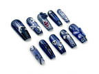 Midnight Gothic Butterfly Press On Nails | Dark Blue Fantasy Nail Art | 3D Butterfly. Skulls & Floral Accents | OC140EC