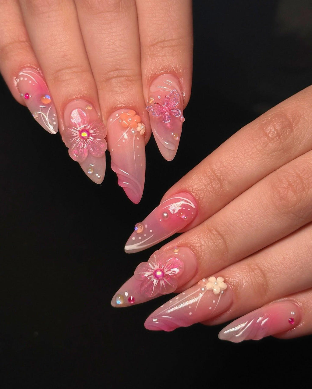 Handmade 3D Pink Fairy Garden Nails – Butterfly. Flower & Pearl Press-On Set E58