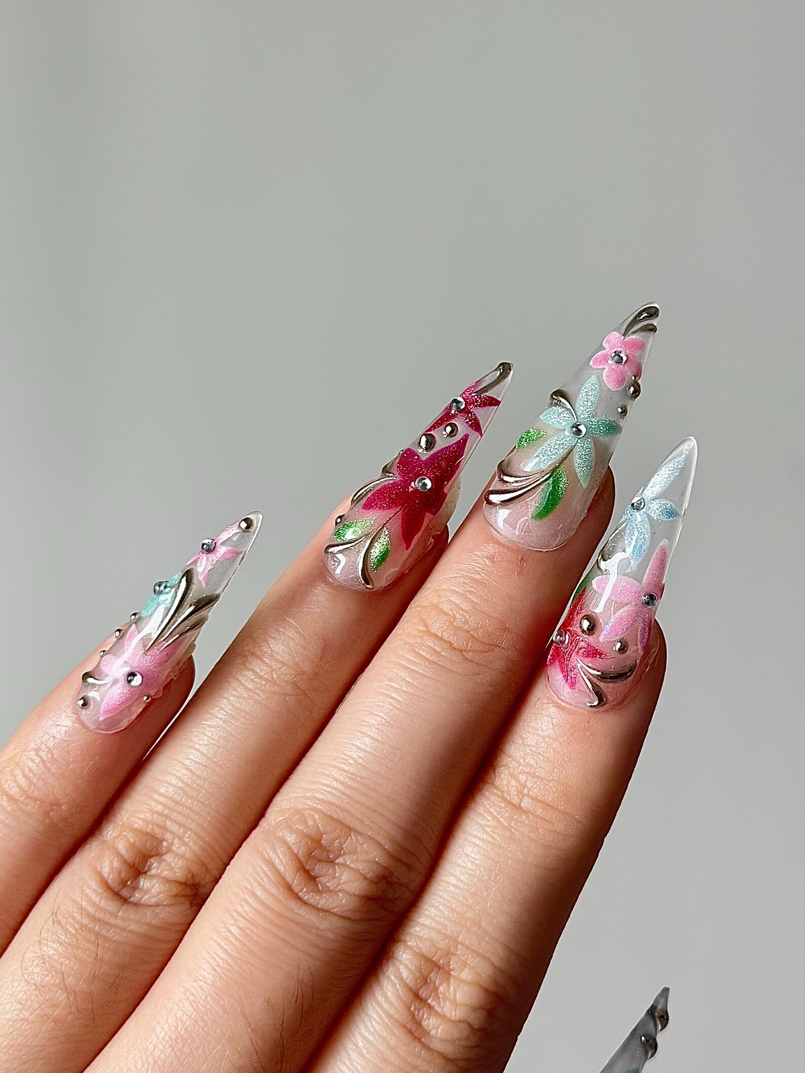 Spring Glass Floral Press On Nails | Hand Painted Flower Nails | Pastel Stiletto Nails | Elegant Floral Nail Art | Luxury Press Ons|OB1278HC